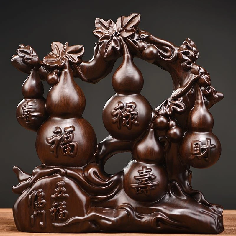 黑檀木雕刻五福临门摆件手艺福禄寿禧财葫芦工艺礼品乔迁开业送礼