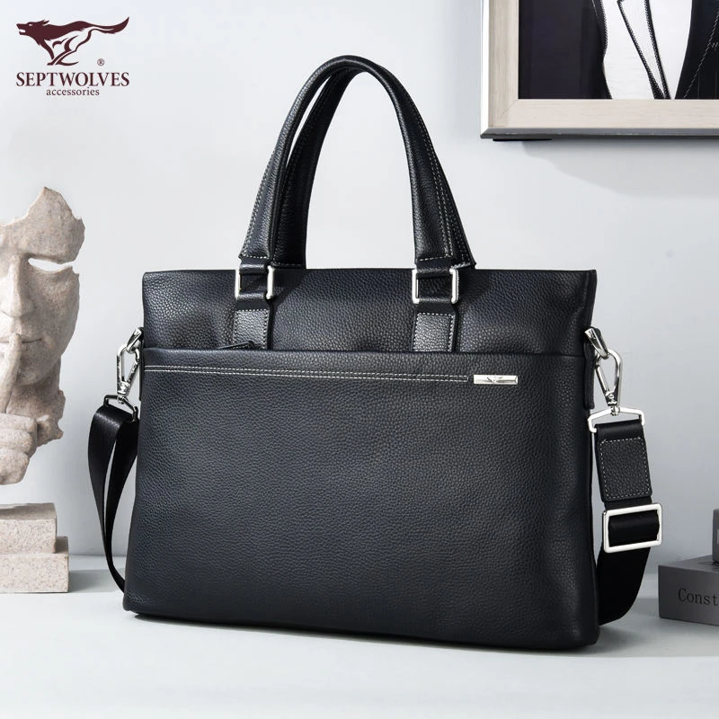 七匹狼公文包男商务男士头层休闲手提包真皮单肩斜挎包青年电脑包