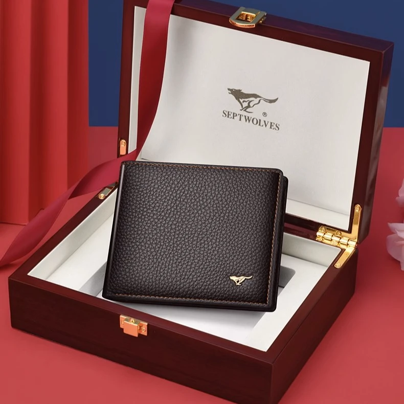 正品七匹狼真皮男士钱包短款轻奢新款高档男款钱夹头层牛皮卡包