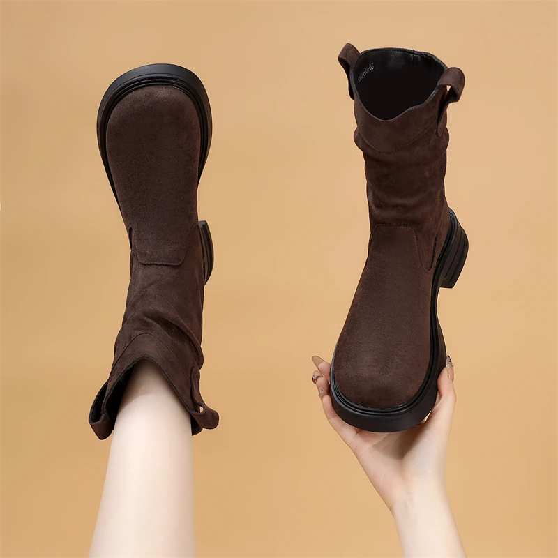 复古软底堆堆靴女2025秋冬新款单靴平底防滑中筒褶皱加绒瘦瘦短靴