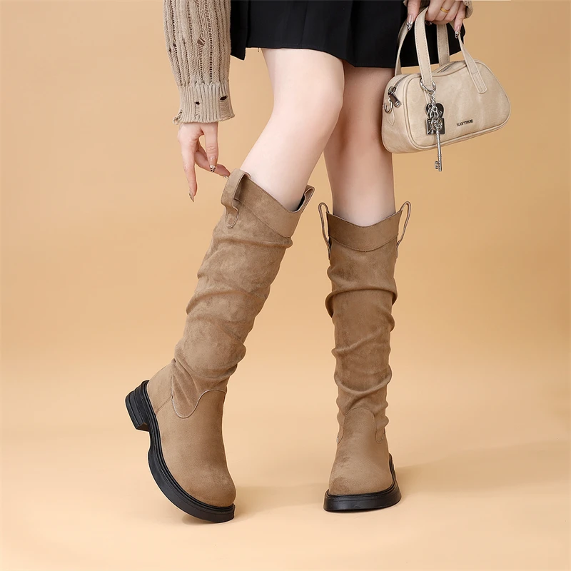 堆堆靴设计感粗跟高筒马丁靴女靴法式早秋绒面卡其色瘦瘦靴骑士靴
