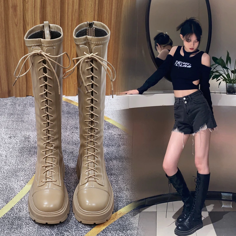 高筒马丁靴女2024春秋新款不过膝时尚系带加绒厚底显瘦粗跟骑士靴