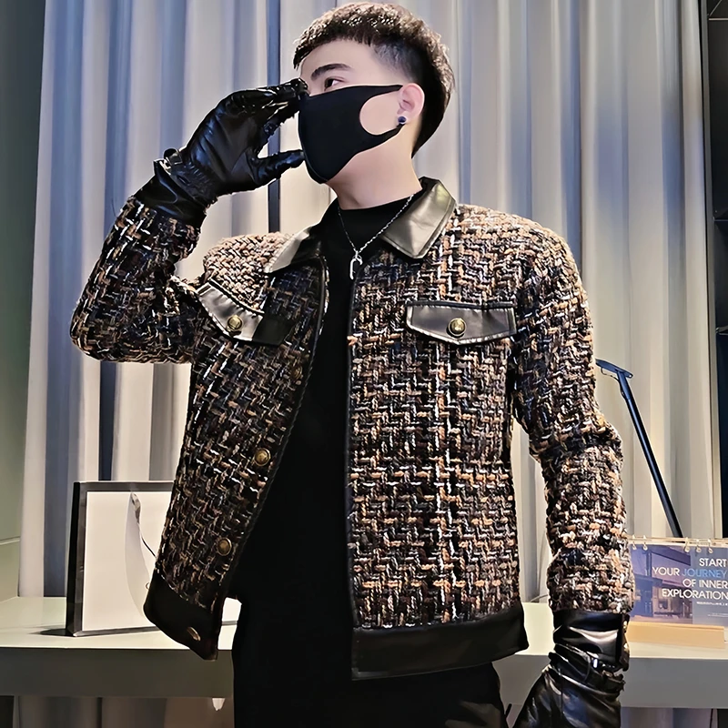 设计感拼皮外套男春秋季2024新款爆款男士潮牌小香风短款拼接夹克