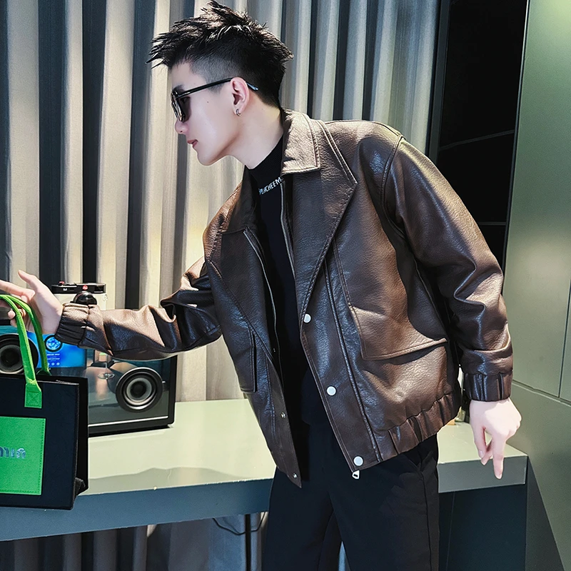 设计感拼接假两件皮衣外套男款春秋季2025新款爆款高档男士皮夹克