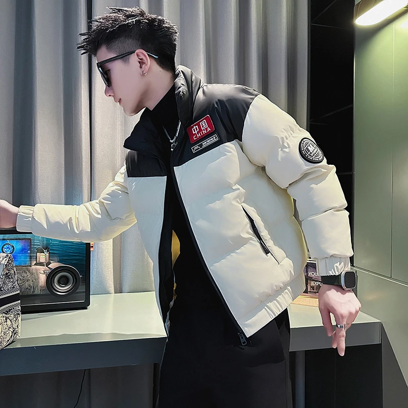 设计感拼色男装棉服冬装加厚袄子外套2023新款爆款潮牌立领棉衣男