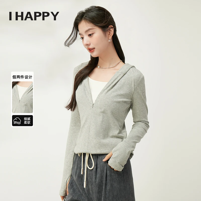 海贝假两件连帽套头卫衣女短款修身长袖套头衫上衣H4H07AW342