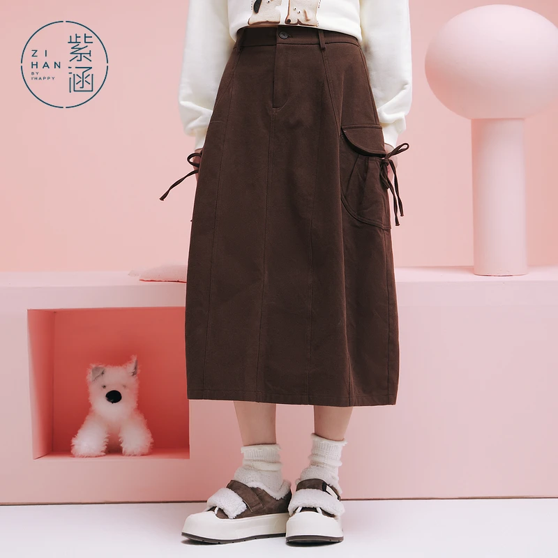 紫涵灯芯绒咖色工装半身裙冬季美拉德风中长款A字裙子Z4Z11AS360