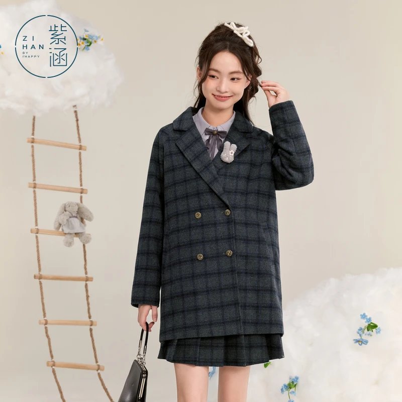 紫涵一手长格纹呢大衣外套冬季新款翻驳领宽松显瘦上衣Z4Z10AS127