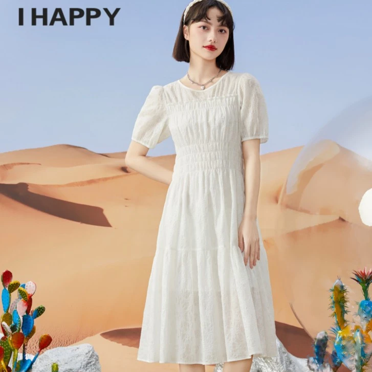 海贝盐缩棉收腰显瘦仙女公主裙夏短袖连衣裙长裙H2R04SH601