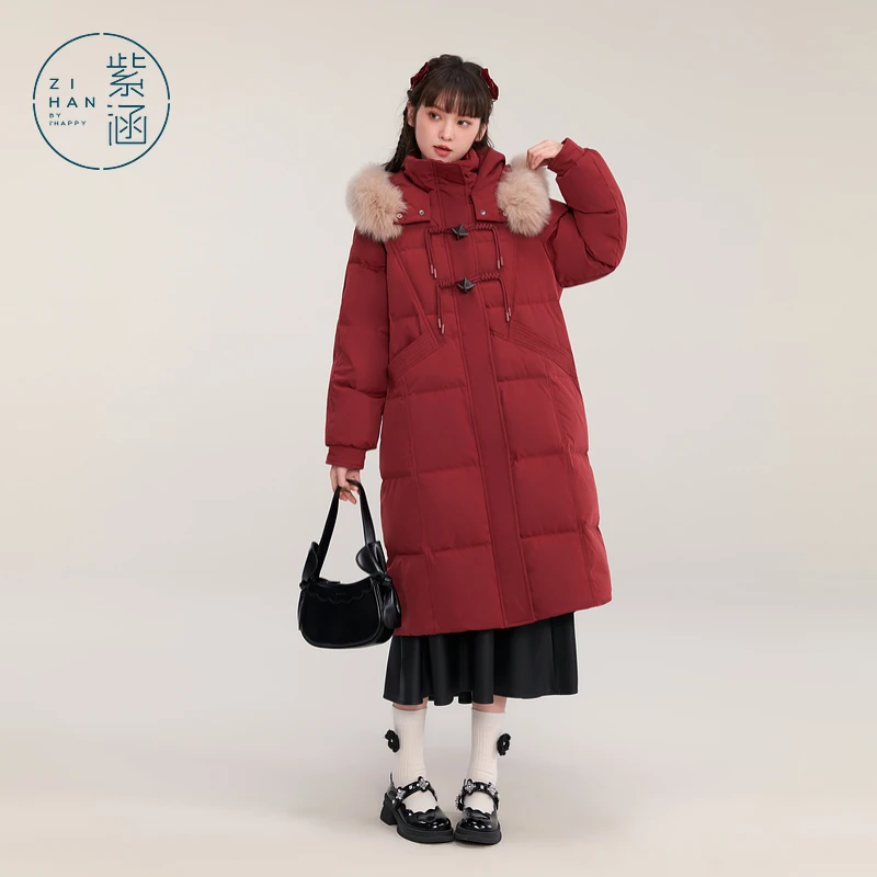 紫涵毛领连帽长款羽绒服外套女冬季新款鸭绒面包服Z4Z10AN602