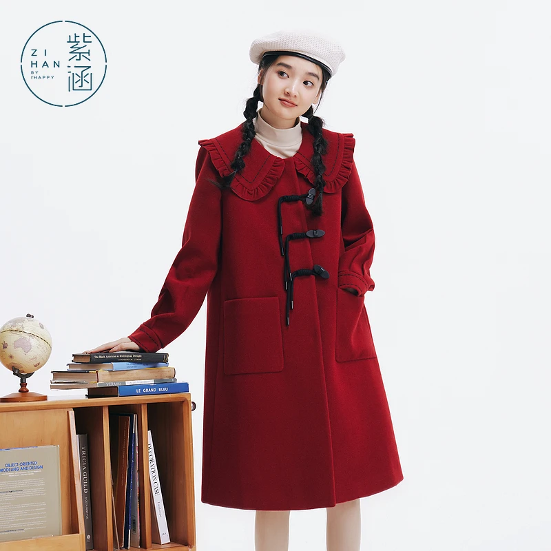 紫涵中长款娃娃领直筒大衣冬季毛呢外套Z4Z11AS357