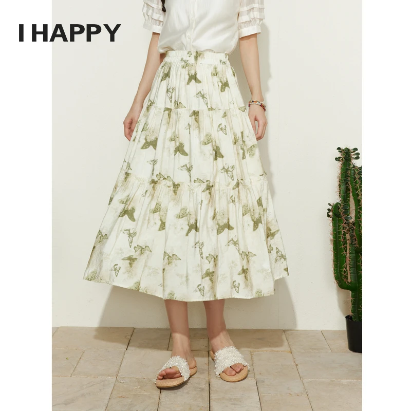 海贝复古蝴蝶印花高腰垂感百褶中长款半身裙A字裙长裙H4H04AW199