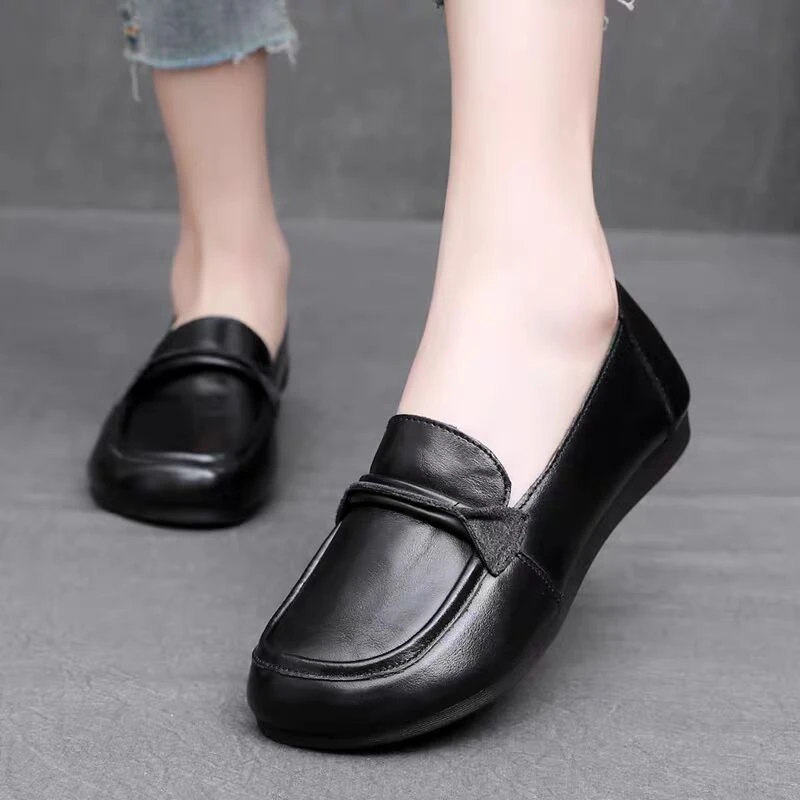 妈妈鞋单鞋真皮软底中老年人女鞋中年女士平底工作皮鞋春秋季乐福