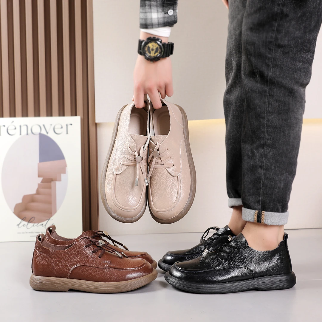 2024春新款舒适时尚百搭真皮复古软面平底圆头女士男士情侣款单鞋