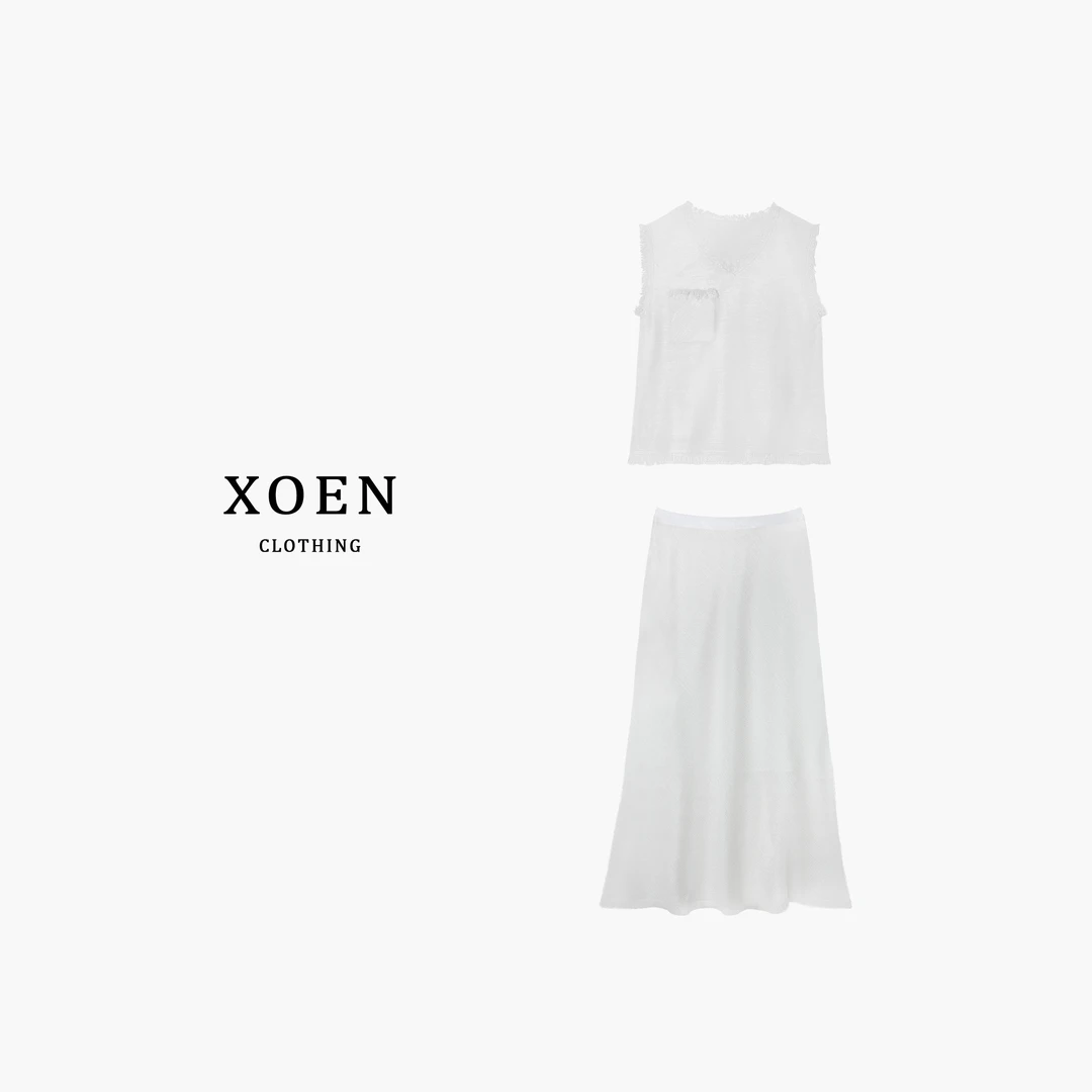 XOEN【纯雅素锦】气质白色针织裙女装无袖上衣女装连衣裙女装连衣裙