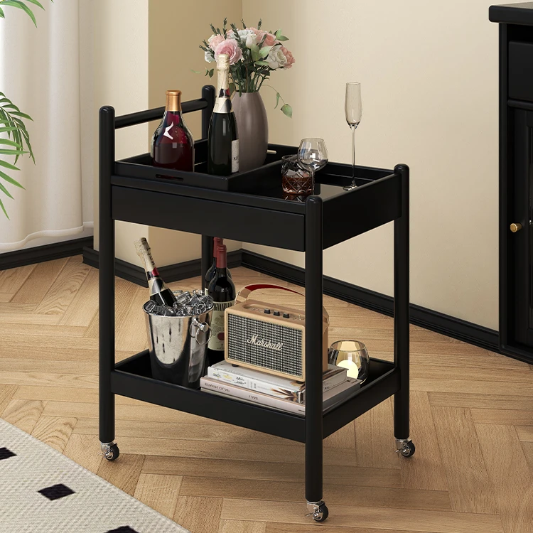 实木推车边几小茶几可移动黑色沙发旁带抽屉客厅移动零食置物架