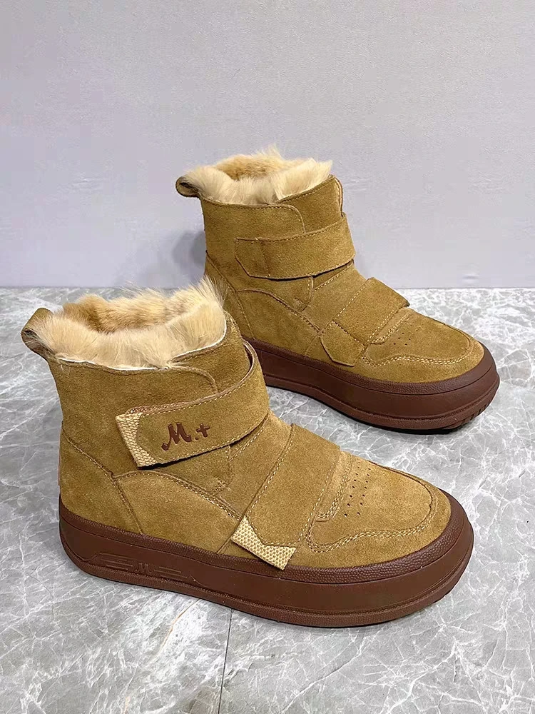 皮毛一体雪地靴女冬2023新款厚底磨砂加绒加厚棉鞋魔术贴短靴