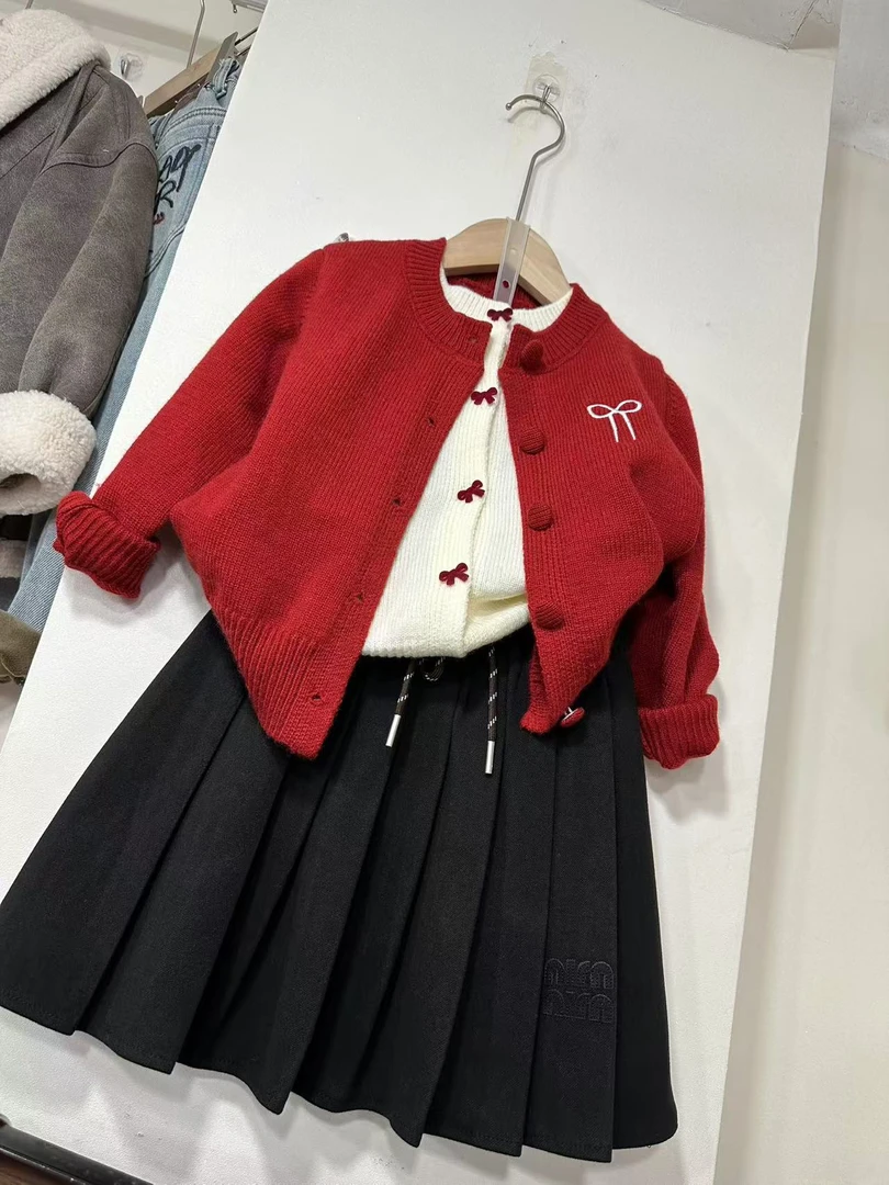 女童红色毛衣假两件蝴蝶结针织衫外套圣诞服百搭新年款