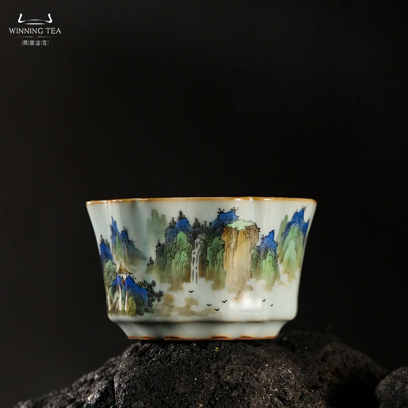 问鼎汝瓷鼎峰系列天青簪花杯（山水）