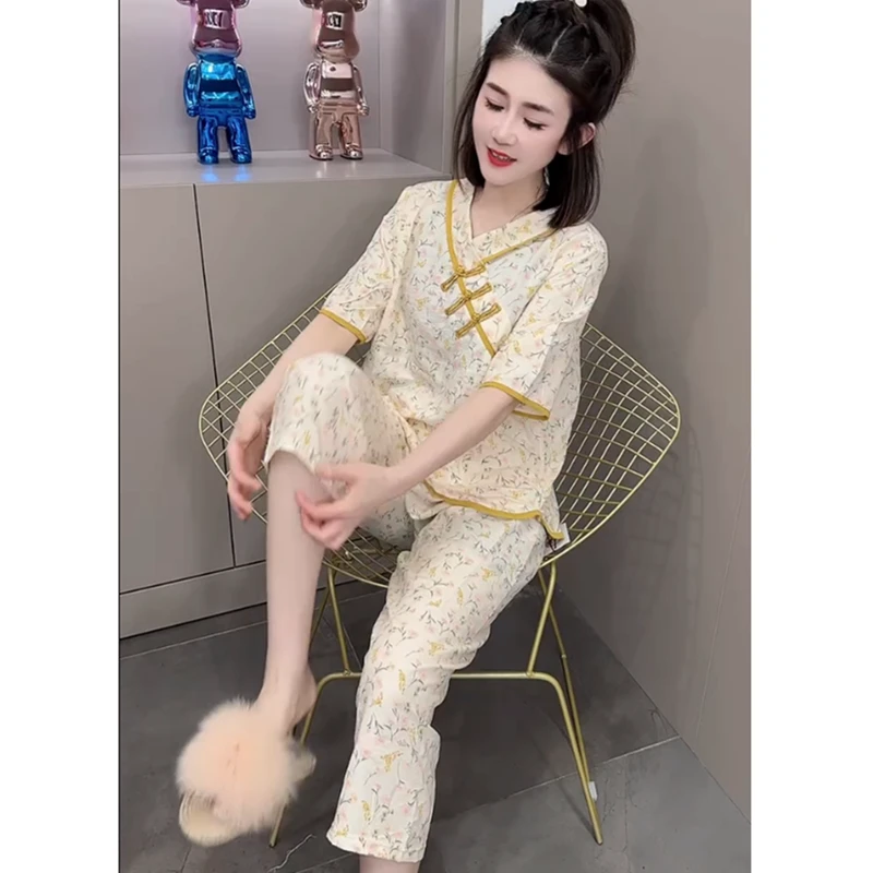 夏季新款国风盘扣碎花家居服套装睡衣女套装休闲有气质网红洋气