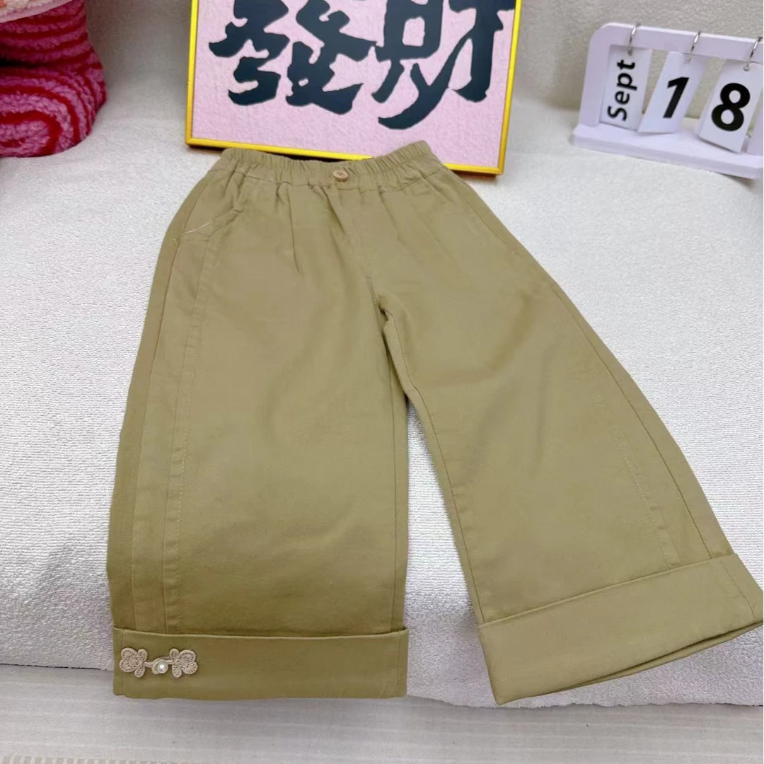 裤脚盘口直筒棉布裤