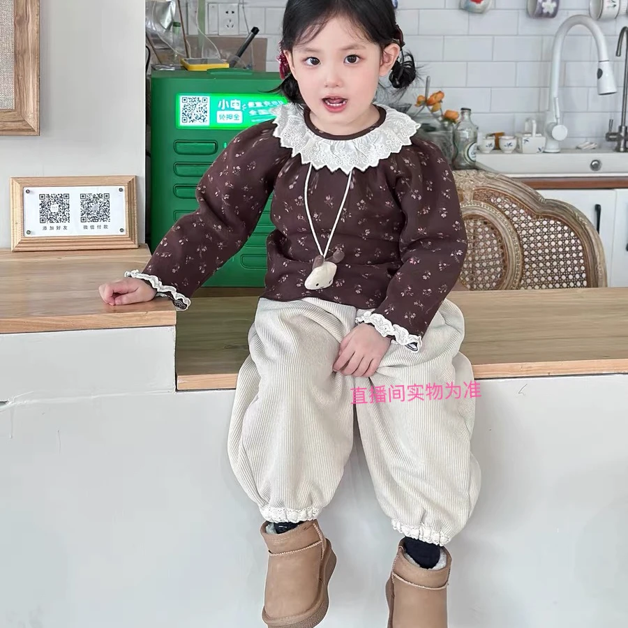 （粉紫花）领边蕾丝加绒打底衫