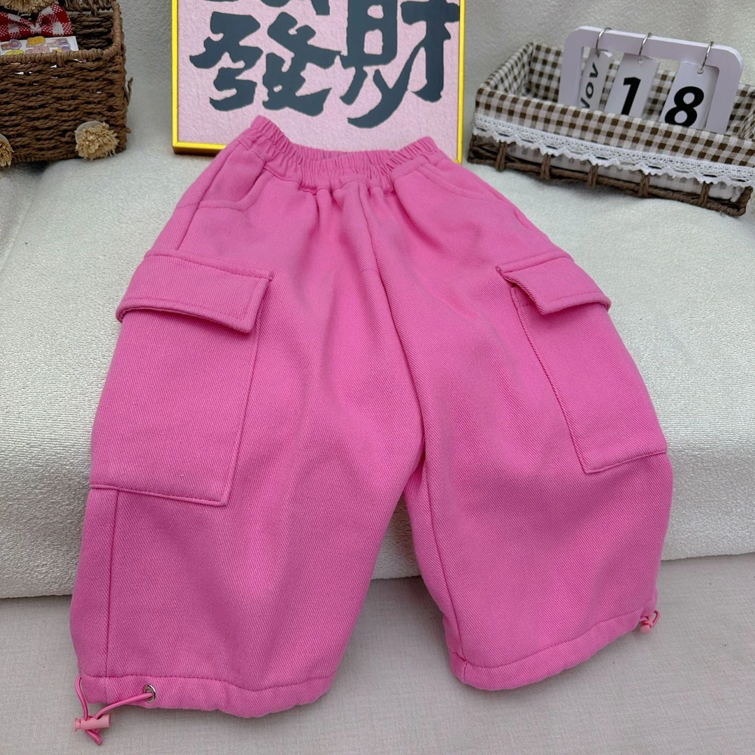 显白加绒梅粉色工装裤