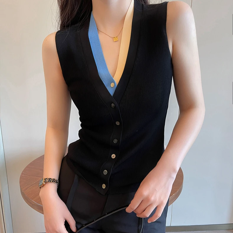 瑕疵款纯色修身针织无袖显瘦气质性感夏季黑色外穿v领设计感