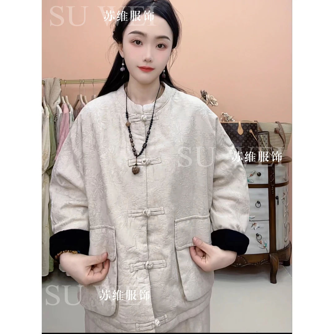 8059新中式亚麻提花棉服宽松加厚保暖外套女冬季