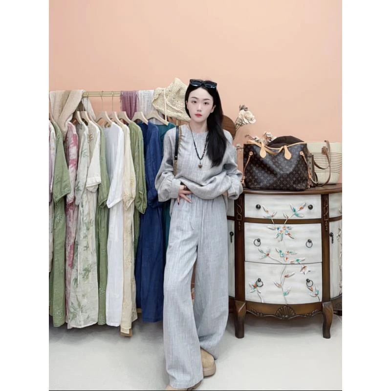 【维揽】1214【高级感】时尚纯色休闲双层亚麻显瘦直筒阔腿裤