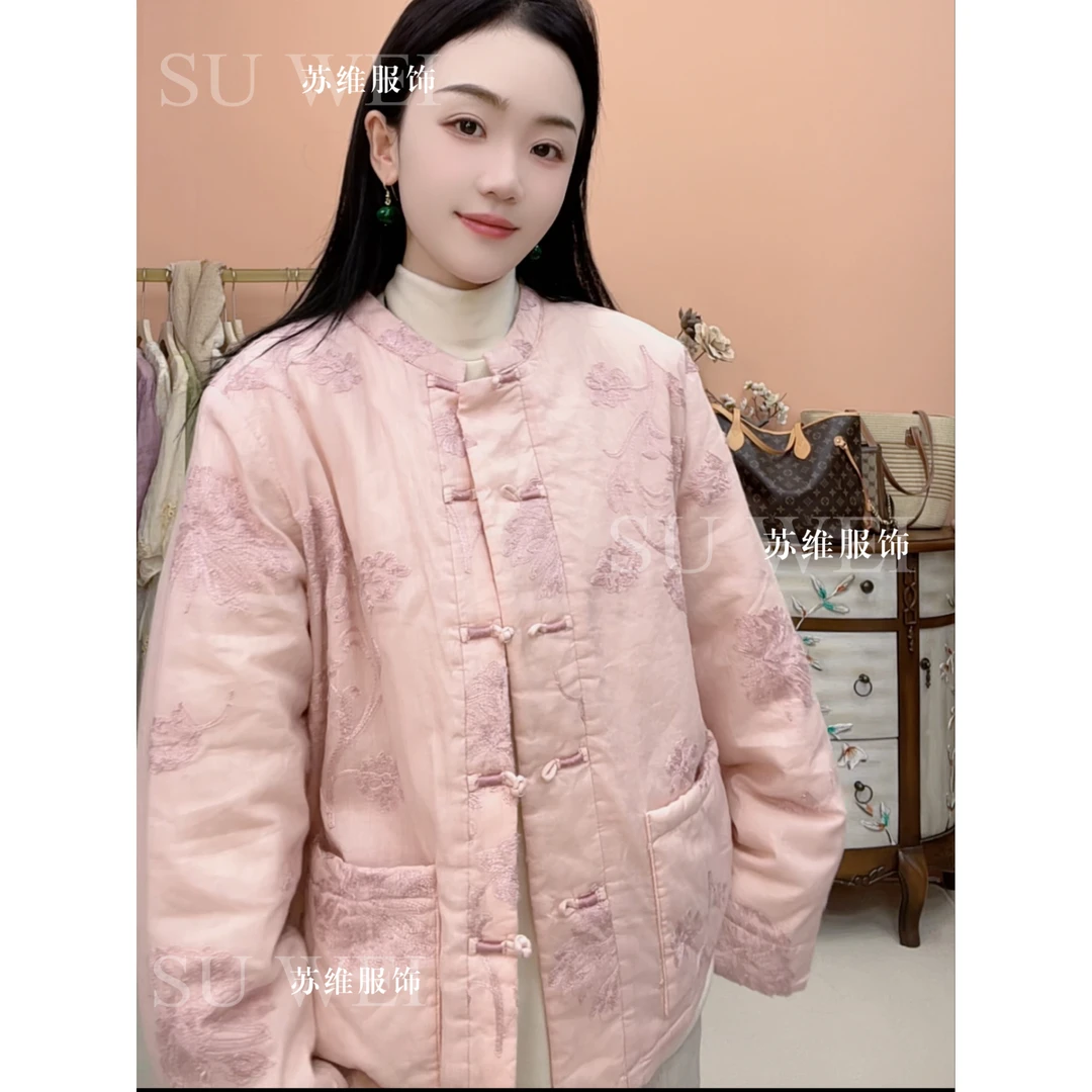 8381国风复古苎麻文艺盘扣加棉外套女新中式宽松立领棉服