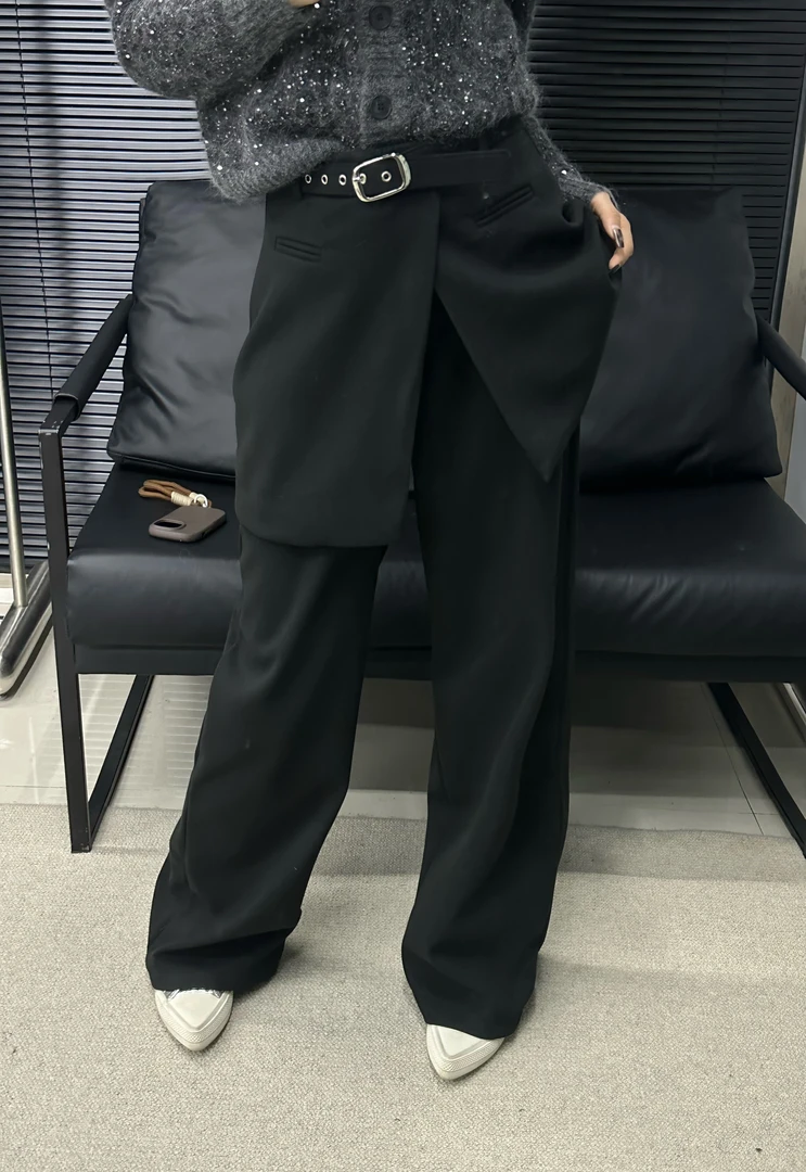 22486#假两件黑色阔腿裤女夏季新款设计感显瘦直筒休闲裤子