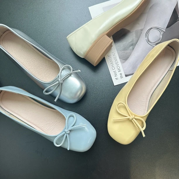 韩国东大门新款方头大大蝴蝶结舒适软底时尚矮跟单鞋