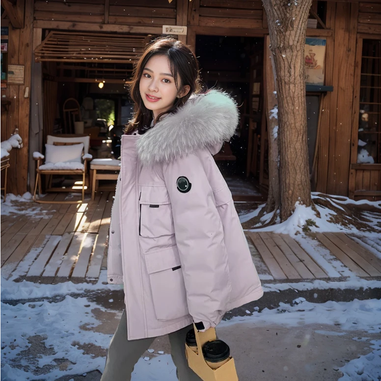 冰岛工装派克羽绒服女2024年冬季新款大毛领90白鸭绒派克羽绒服