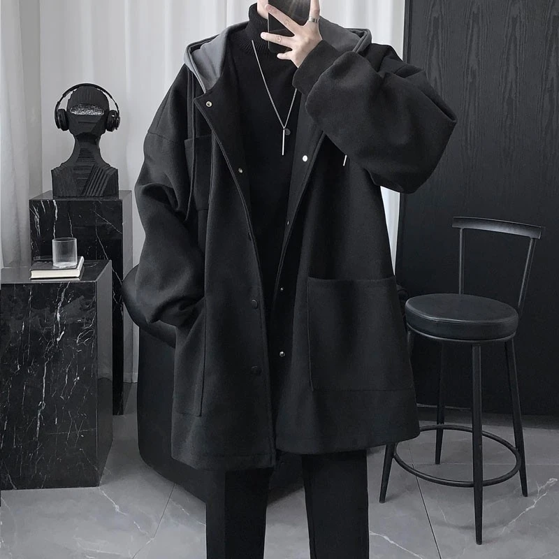 仓石一树连帽外套男中长款潮牌冬季黑色宽松大码加厚毛呢大衣男生