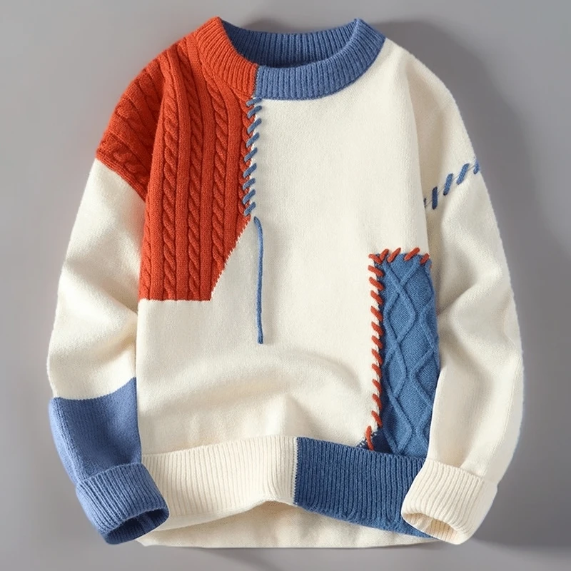 仓石一树宽松拼接撞色毛衣男秋冬美式休闲设计感针织衫慵懒风线衣