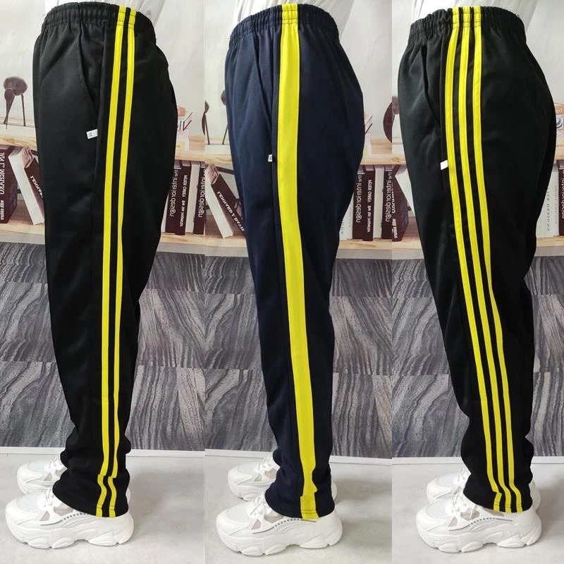 双浅黄条校服裤男女两条杠黑色休闲裤中小学生藏青色黄粗条运动裤
