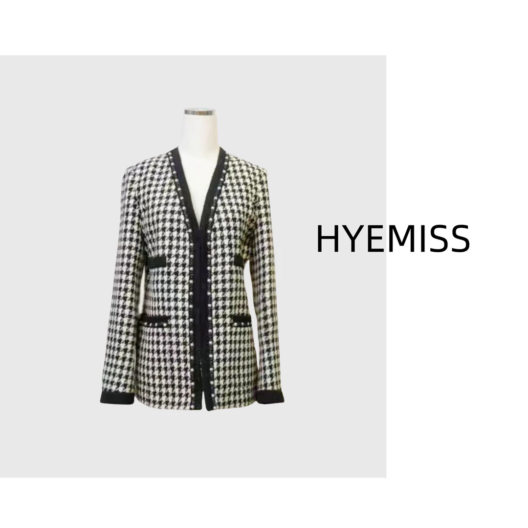 HYEMISSJK11501秋冬轻奢羊毛百搭手工钉珠千鸟格气质小香风外套