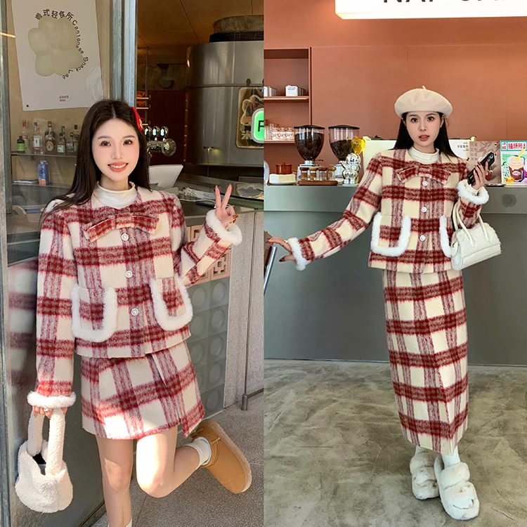 【反季现货】小香风甜美格子女装法式复古套装冬季夹棉保暖套装8730