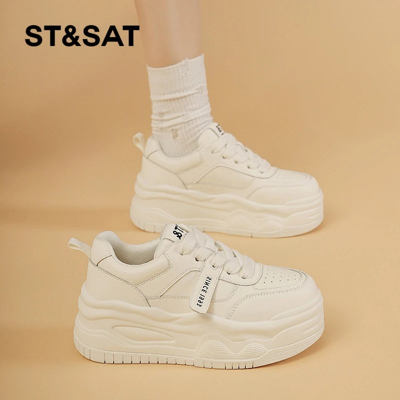 星期六2025春季新款学院风厚底增高时尚休闲松糕鞋女百搭小白鞋