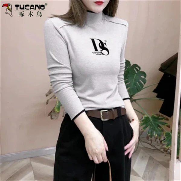 【啄木鳥】秋冬时尚打底衫长袖T恤字母高领女士上衣显瘦洋气百搭
