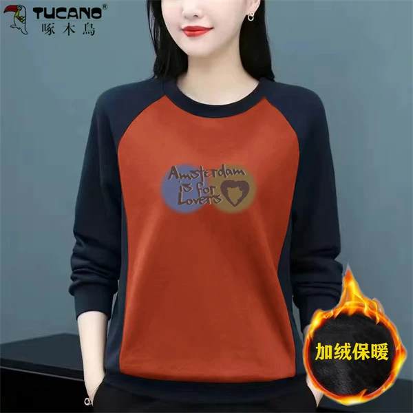 啄木鸟正品纯棉加绒加厚卫衣女长袖秋冬女士上衣2024新款冬装女装