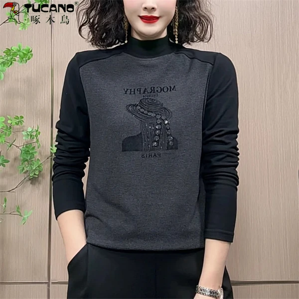 啄木鸟现货双面德绒打底衫新款上衣女气质半高领T恤女士显瘦长袖