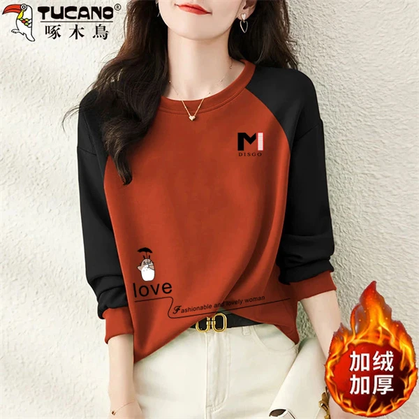 【啄木鳥】纯棉显瘦设计感长袖秋冬插肩女时尚宽松卫衣加绒加厚圆领