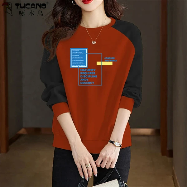 【啄木鳥】纯棉加绒加厚秋冬圆领卫衣女设计感插肩长袖拼接宽松