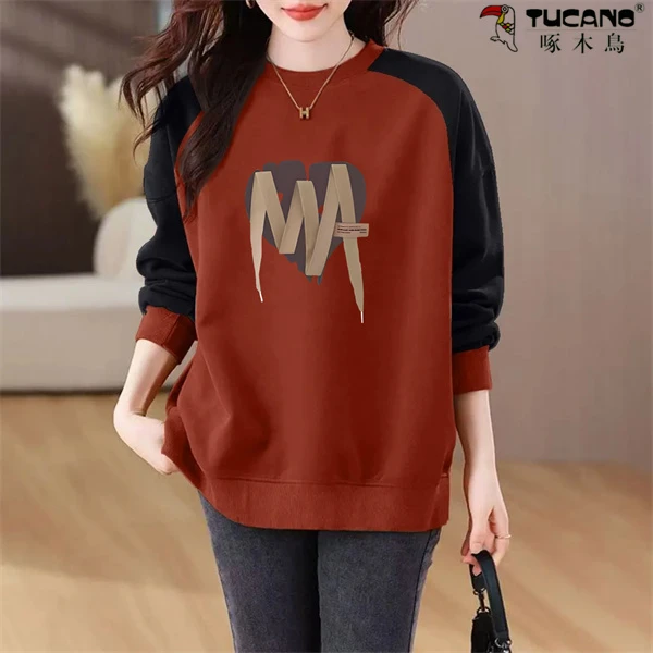 【啄木鳥】纯棉秋冬加绒加厚圆领卫衣女设计感拼接插肩长袖宽松