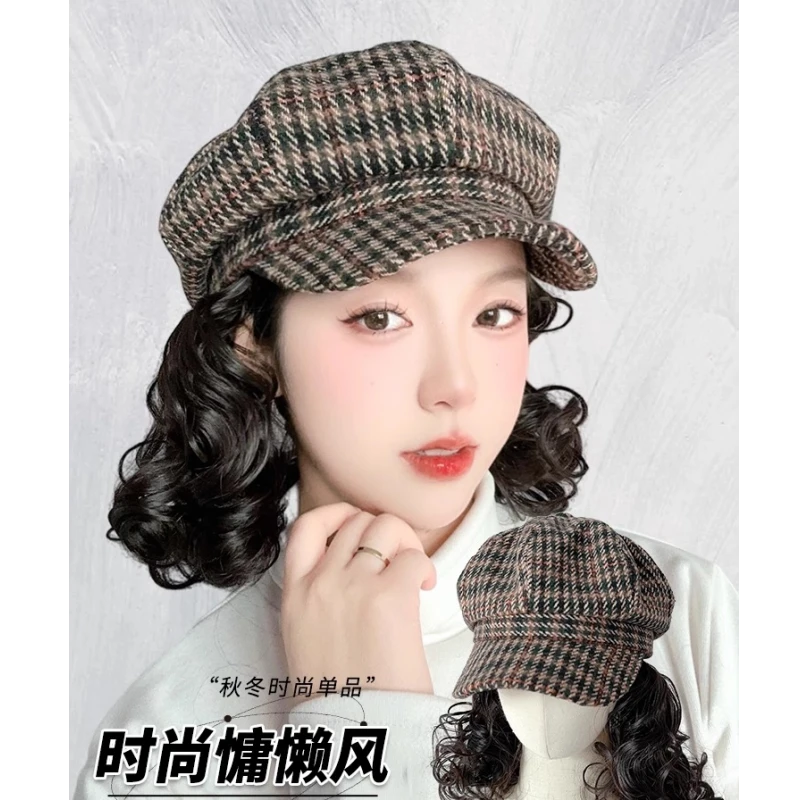 千幻假发帽子一体时尚洋气黑色千鸟格海军帽慵懒短卷发