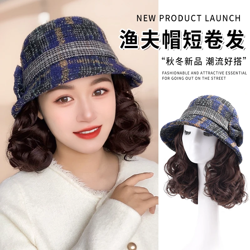 千幻减龄假发女时尚帽子假发一体秋冬季蓝色渔夫带头发仿真发