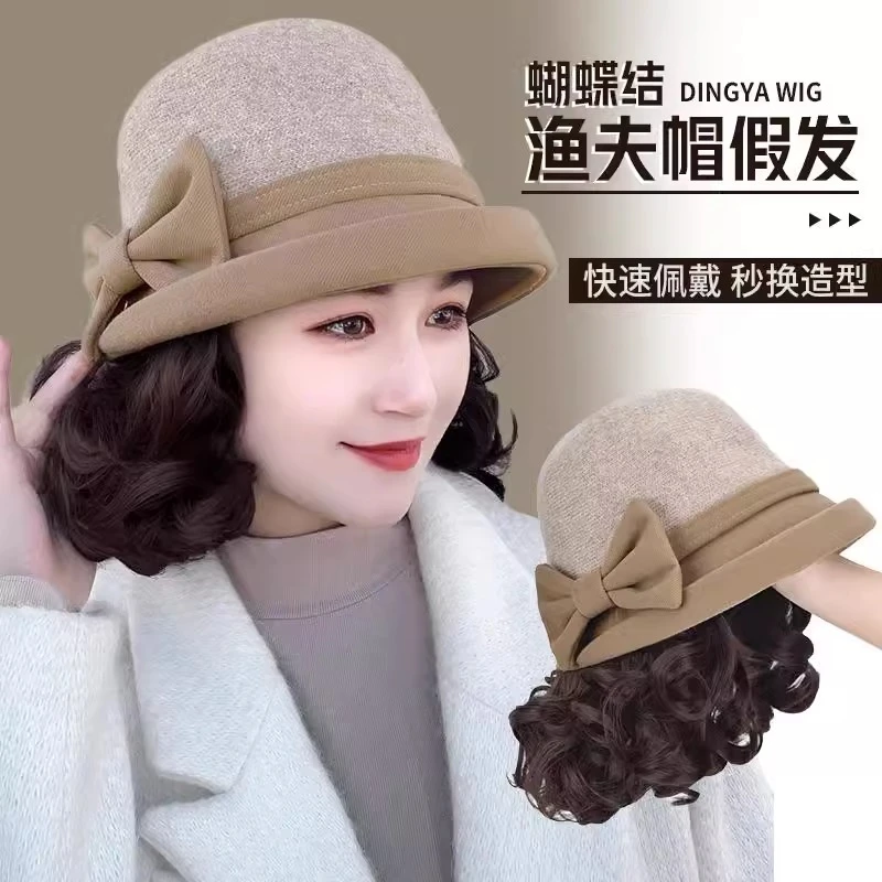 假发女时尚帽子假发一体卡其色蝴蝶结渔夫帽慵懒卷帽子带有假发
