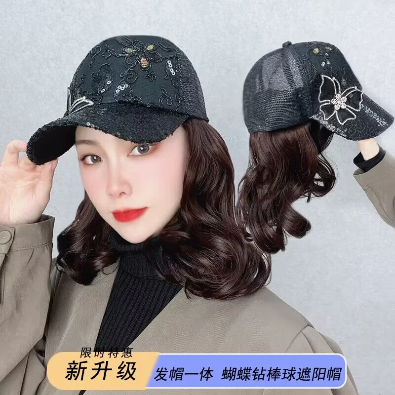 【春夏款】蝴蝶款帽子假发一体时尚百搭短卷发女棒球帽子遮阳防晒